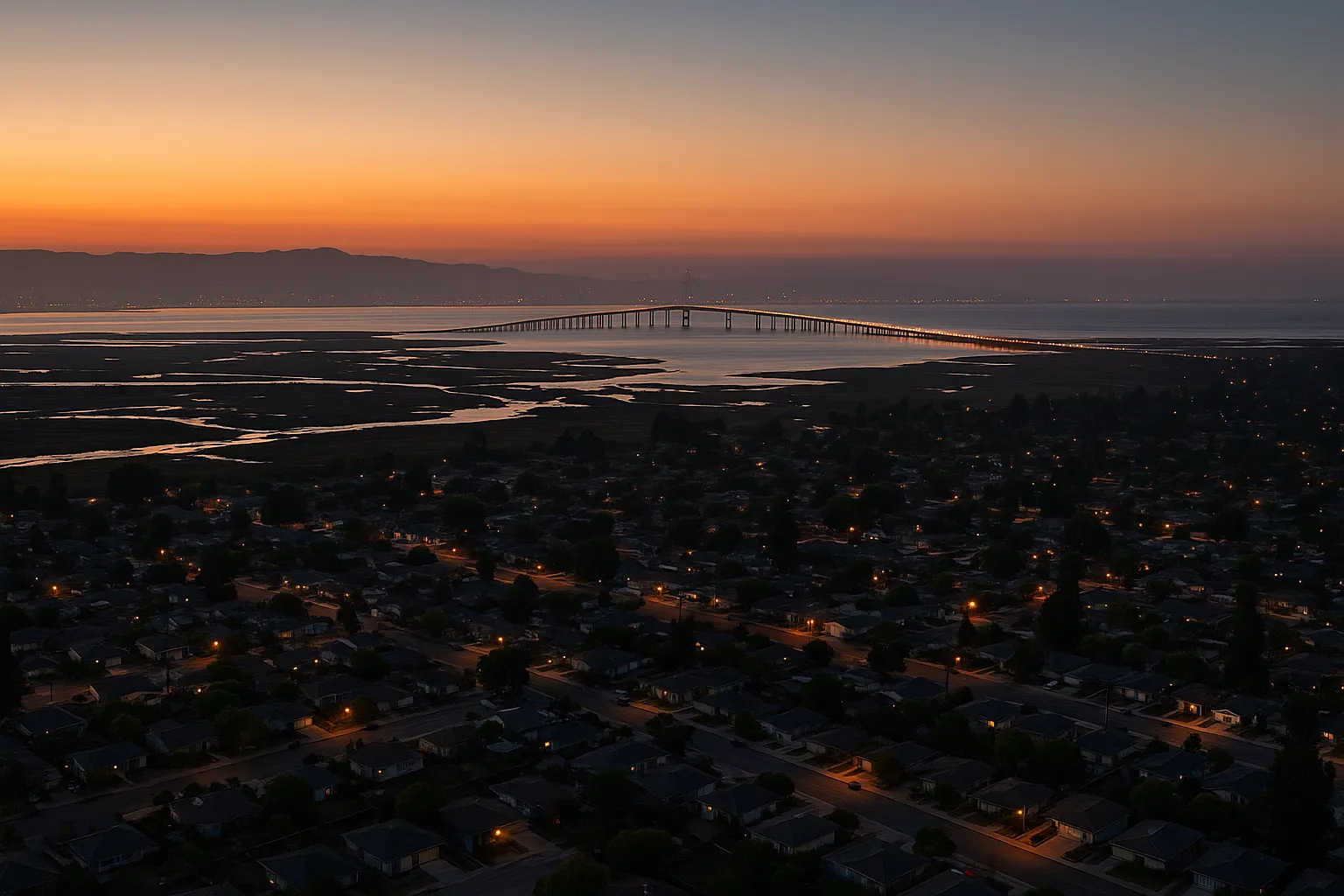Landscape-oriented aerial dusk view of East Palo Alto with the Dumbarton Bridge’s lit spans crossing the Bay, the wetlands of the Baylands Nature Preserve in the foreground, suburban streets aglow with streetlights, and distant ridges fading into twilight hues.